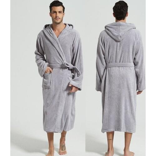 Hooded Men Bathrobe Mens Robe Winter Warm 100% Cotton Towel Male Home Hotel Nightgown Kimono Dressing Gown Brides Wedding Gift