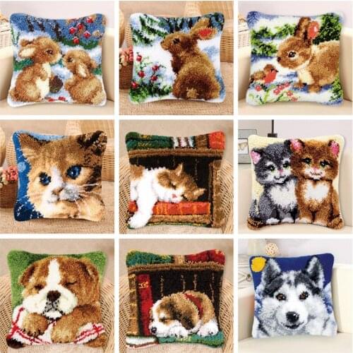Smyrna Latch Hook Pillow Cute Cat Carpet Embroidery Do-It-Yourself Carpet Cushion Button Package Latch Hook Rug Kits knoopkussen