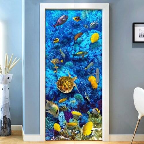 Underwater World Turtle Coral 3D PVC Waterproof Bathroom Door Stickers Children Room DIY Self-adhesive Door Decoration Sticker