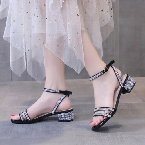 Womens Sandals Shiny Crystal Buckle Mid-heel Sandals Summer Party Shoes Women Fashion High Heels Women Shoes