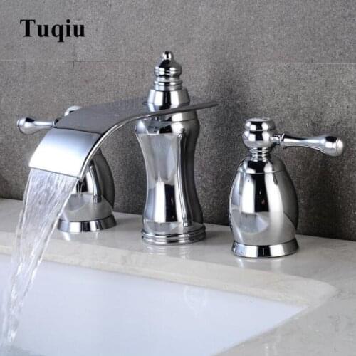 Basin Faucets Polished Chrome Brass Bathroom Waterfall Widespread Sink Faucet Double Handle 3 Hole Bath basin mixer tap