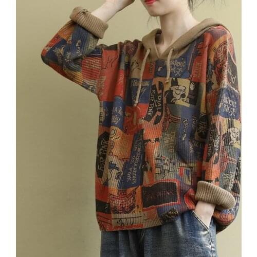 Girls Literary Retro Knitted Sweater Women Loose Print Cartoon Pattern Hooded Collar Long Sleeve Jumpers Coat Female 2020 Spring