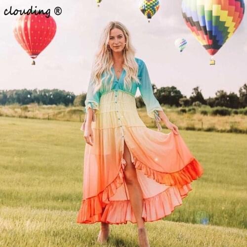 Boho Rainbow Gradient Maxi Dress Elegant Deep V-neck High Low Dresses With Long Slevees Ladies Chiffon Beach Party Boho Dress