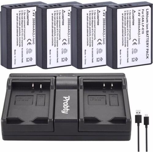 PROBTY 4pcs LP-E10 LP E10 Camera Battery + USB Dual Charger For Canon EOS 1100D 1200D 1300D Kiss X50 X70 X80 Rebel T3 T5 T6