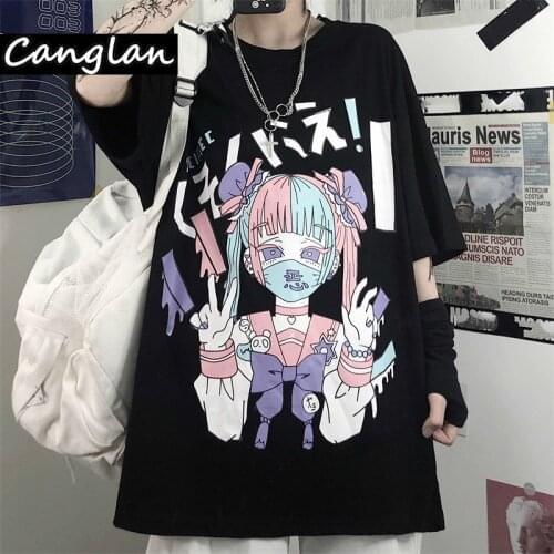 Gothic Print Women Harajuku T-shirt Summer Cotton Tshirt Grunge Tee Top Punk Pastel Goth Clothing Anime Clothes