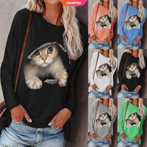 Womens Clothing Autumn New Fashion Womens Round-neck Cat Print Long-sleeved Casual Loose T-shirt Plus Size