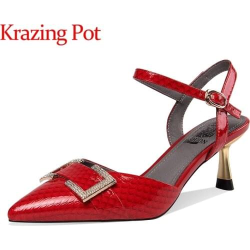 Krazing pot cow patent leather thin high heels pointed toe metal fasteners rhinestone sexy buckle straps mules women sandals L49