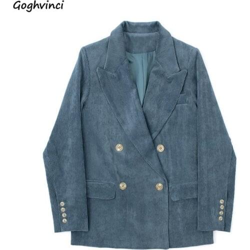 Blazers Women Retro Full Sleeves Double Breasted Cozy Korean Style Corduroy Loose All Match Cool Female Autumn Street Striped