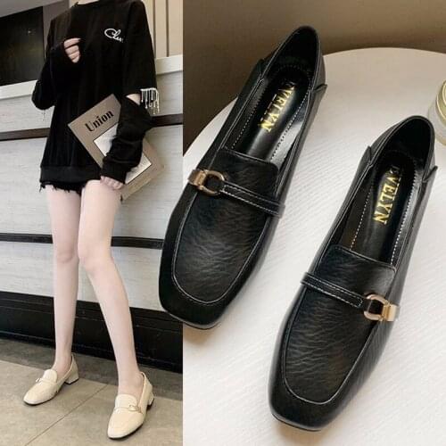 2020 New Solid Leather Oxford Shoes for Women Pumps Square Toe Slip on Thick Mid Heels Round Toe Casual Shoes Woman Plus Size