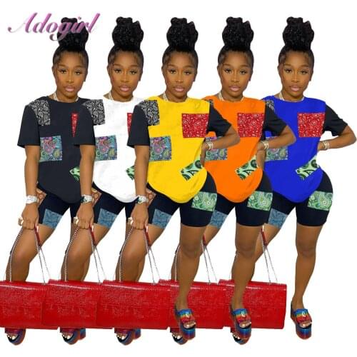 Women Summer Bandana Print Two Piece Set Fitness Casual Paisley Color Patchwork Crop Tops T-Shirt Shorts Suit Outfit Tracksuit