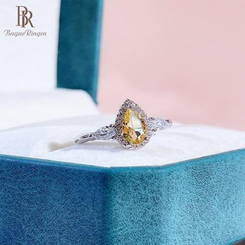 Bague Ringen Simple Gemstone Ring Womens Trendy Silver 925 Jewelry Water Drop Pear Shaped Yellow Zircon Size6-10 Gift Wholesale