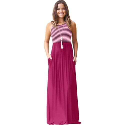 2019 New Summer Dress 12 Color Fashion Casual Sexy Large Size Slim Solid Stripe Round Collar Sleeveless Long Dresses Women ZW125