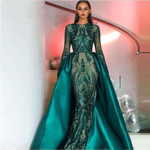 New Green Evening Dresses Long Sleeves Detachable Train Sequin Moroccan Saudi Arabic Muslim Mermaid Formal Party Guest Prom Gown
