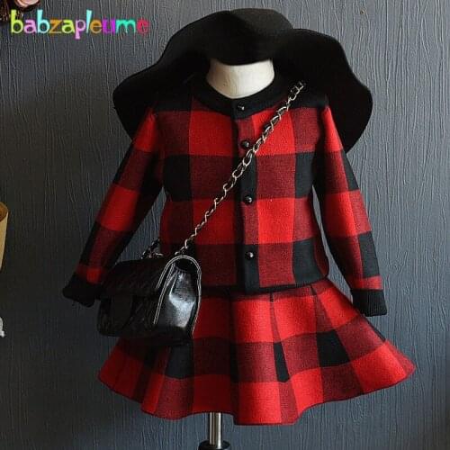 2PCS/2-6Years/Spring Autumn Baby Girls Boutique Clothing Sets Casual Fashion Plaid Knit Coats Cardigan+Skirt Kids Clothes BC1029