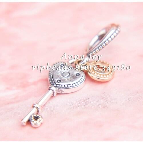 2018 NEW S925 Silver Key to My Heart Golden Dangle Charms beads Fit European Woman Jewelry DIY Bracelets Necklaces GO125