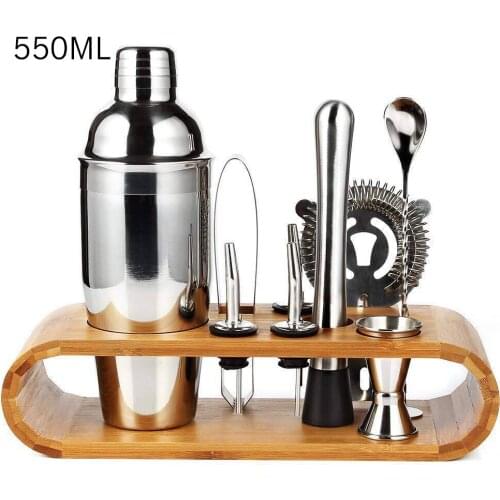Stainless steel 9 pcs bar accessories wood rack stool cocktail shaker set