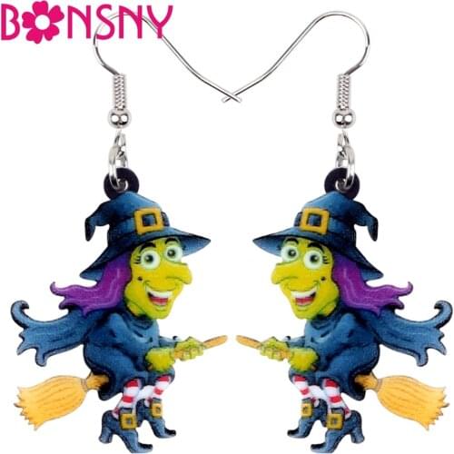 Bonsny Acrylic Halloween Happy Magical Witch Earrings Drop Dangle Cartoon Party Jewelry For Women Girls Ladies Charms Costumes