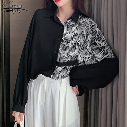 2021 Printed White Loose Single-breasted Shirt & Blouse Women Korean Clothing Bat Long Sleeve Womans Shirts Long Cardigan 11006