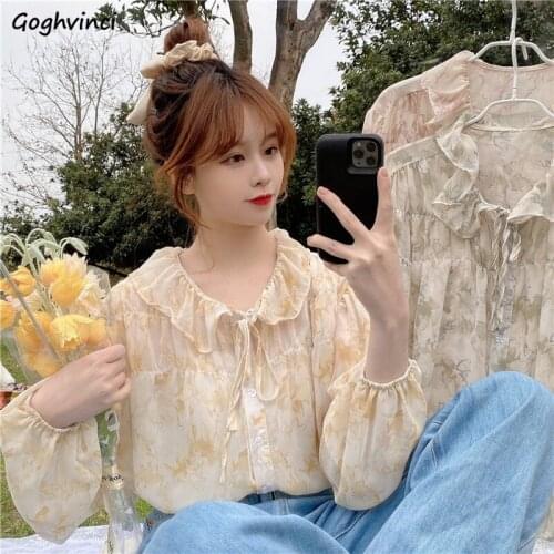 Floral Blouses Women Puff Sleeve Chiffon Shirts Womens Bow Korean Style Sweet Summer Streetwear All-match Tops Elegant Fashion