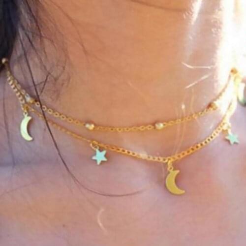 Fashion Women Double Layer Chain Moon Star Pendant Necklace Party Jewelry Gift relogio feminino 2021