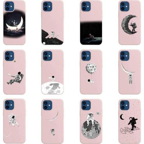 Black White Moon Stars Space Astronaut Phone Case Candy Color for iPhone 11 12 mini pro XS MAX 8 7 6 6S Plus X 5S SE 2020 XR