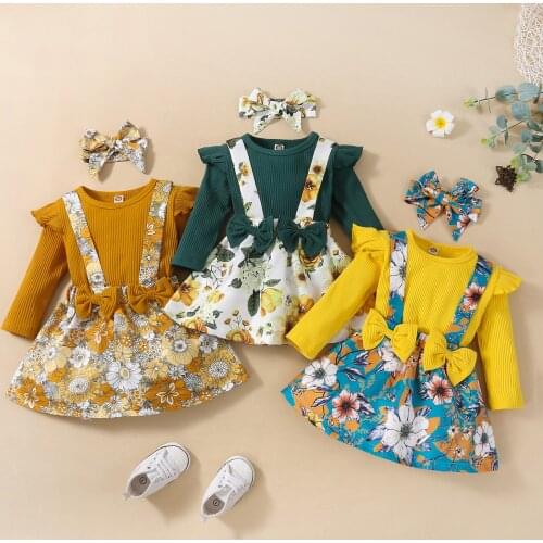 3Pcs Kids Autumn Tracksuit, Girls Solid Color Ribbed Long Sleeves T-Shirt + Floral Overalls Dress + Hair Band, 1-4 Years