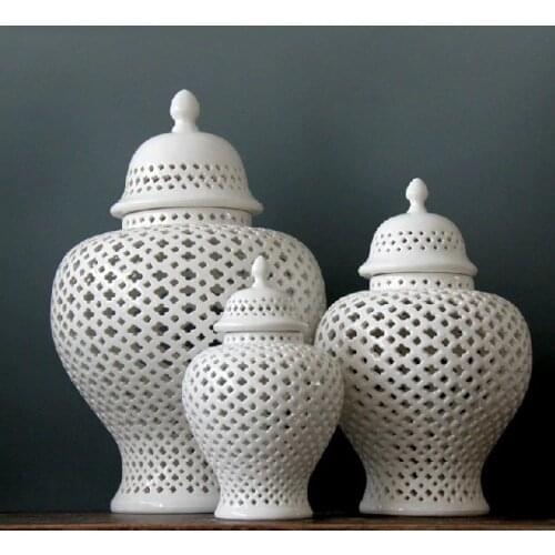 Three Pieces Set Chinese White Color Cutout Porcelain Ceramic Vase Temple Jar Ginger Jars
