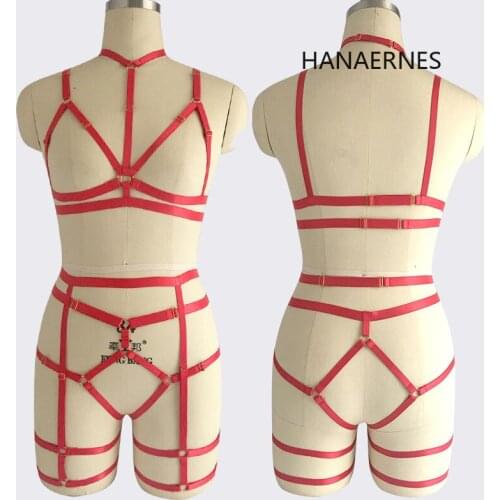 HANAERNES Red Cupless Cage Bralette Adjustable Bottom Panties Crop Top Lingerie Bondage Harness Set Fetish Wear Dance Bodysuit