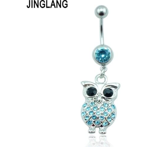JINGLANG Fashion Belly Button Rings 316L Stainless Steel Barbell Dangle Rhinestone Owl Navel Piercing Jewelry