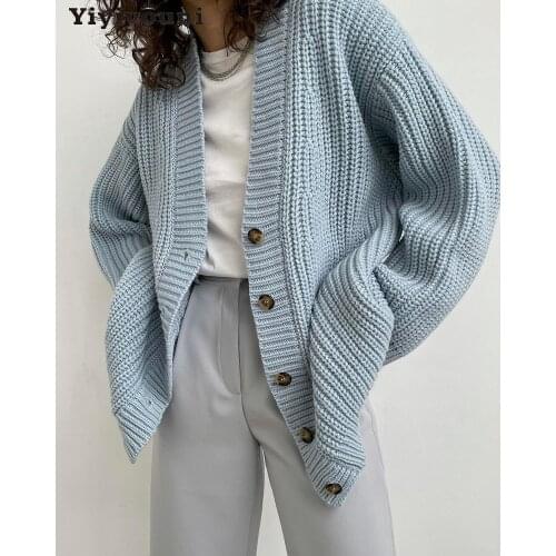 Yiyiyouni Autumn Winter V-Neck Loose Cardigans Women Single Breasted Casual Oversized Sweater Female Long Sleeve Knitted Jumpers