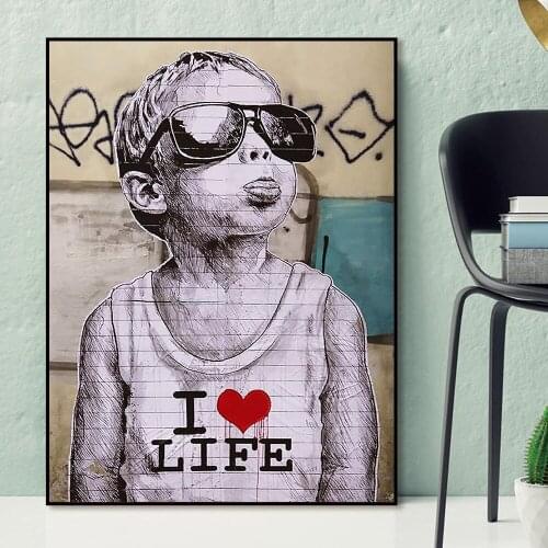 I Love Life Street Wall Graffiti Art Canvas Paintings Boy with Sunglasses Abstract Art Canvas Prints For Kids Room Cuadros Decor