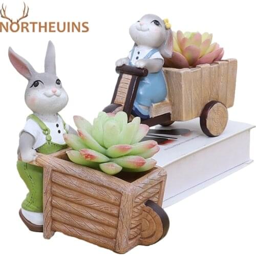 NORTHEUINS Resin Cute Rabbit Creative Cart Flower Succulent Plants Pot Hoom Decoration Accessories Nordic Modern Figurines Gift
