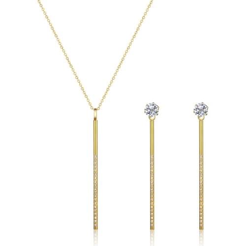 Fashion Long Stick Zircon Earrings And Pendant Necklaces Stainless Steel Jewelry Sets For Woman Gift Drop Shipping
