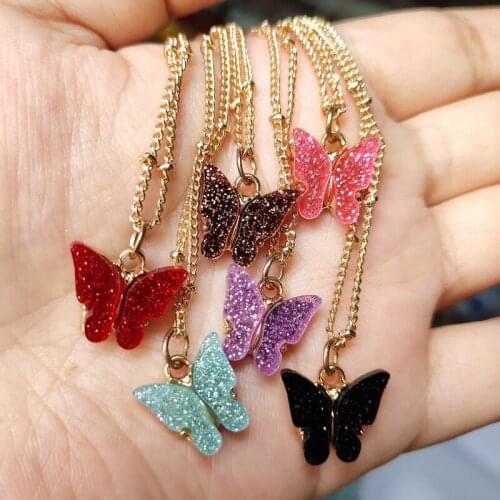 Fashion butterfly jewelry creative butterfly glitter sequined acrylic alloy necklace set wholesale