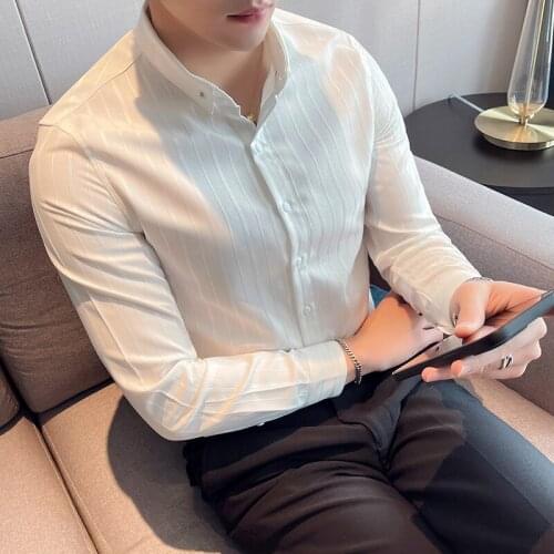 Plus Size 4XL-M Business Formal Wear Long Sleeve Striped Shirt Men Clothing 2021 Simple Chemise Homme Slim Fit Casual Tuxedo Hot