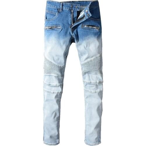 New Mens male fashion light blue Streetwear casual jeans zipper black slim-fit jeans biker denim pants trousers 1074