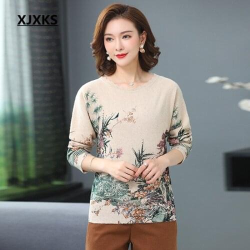 XJXKS 2020 spring new women printed sweater loose plus size comfortable 100% wool knitted sweater women pullover