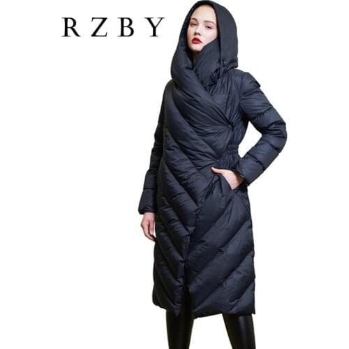 Jackets Down Women Long 90% White Duck Down Thickened Down Parka Puffer Hooded Coat Warm Irregular Fluffy Outwear RZBY002