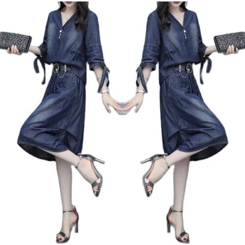 Plus Size Womens Fashion Suit Spring Autumn New Temperament V-Neck Short-Sleeved Denim Jacket +Skirt Summer Two-Piece R281