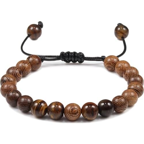 Reiki Natural Stone Tiger Eyes Wooden Beaded Bracelet Men Women Braided Rope Buddha Bracelets Bangles Handmade Yoga Jewelry Gift