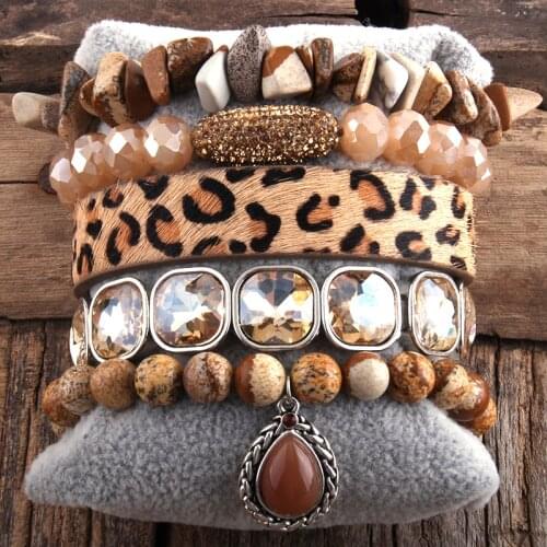 RH Fashion Boho leopard Leather Bracelet Set 5pc Handmade Stone /Glass Female Femme Bracelets Sets For Jewelry Gift DropShipping