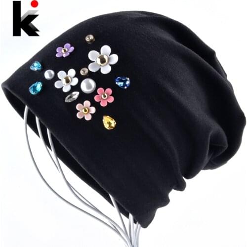 New Beanies Women Spring Autumn Solid Color Skullies Hat For Ladies Rhinestone Pearl Flower Cap Female Fashion Bonnet Gorra