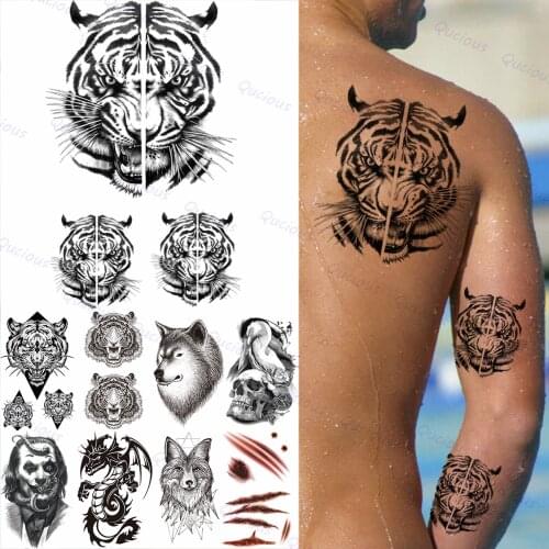 Black Tiger Temporary Tattoos For Men Boy Realistic Lion Wolf Skull Dragon Clown Fake Tattoo Sticker Waterproof Arm Back Tatoos