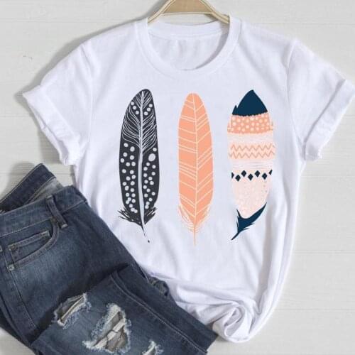 Women Short Sleeve Feather 90s Style 2021 Fashion Cartoon Summer Graphic T Top Lady Print Tee Female Tshirts Clothes T-Shirt
