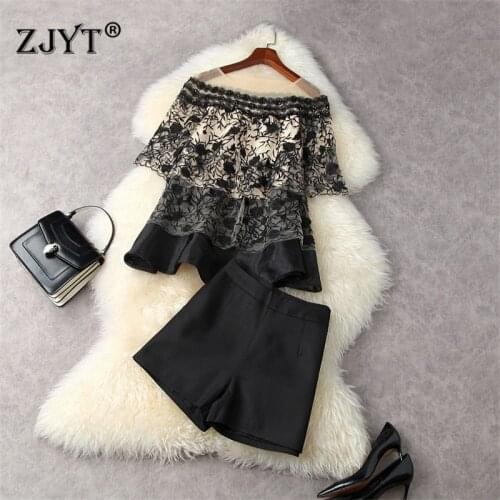 Summer Fashion Vintage Runway Two Piece Sets Womens Beading Embroidered Mesh Top and Shorts Suit Party Office Lady Twinset