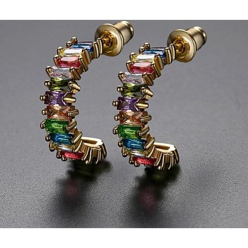 AAA Cubic Zircon C Shape Earrings Women Trendy Multicolor Crystal Rhinestone Statement Stud Earring Boho Wedding Jewelry Gifts