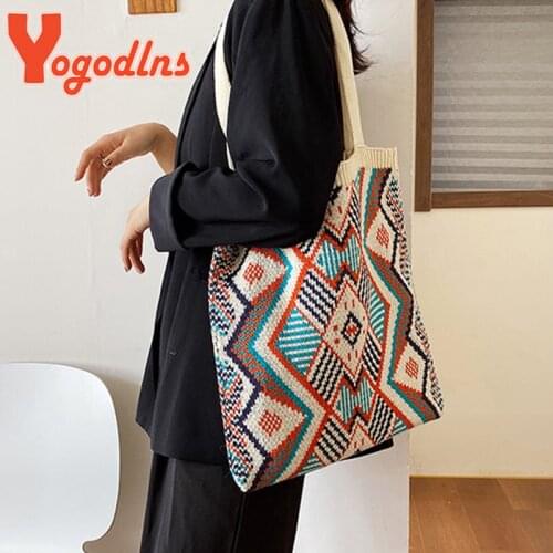 Yogodlns Geometric Patterns Shoulder Bag Women Knitting Totes Bag Large Capacity Handbags Fashion Woven Handle Bag Winter Pouchs