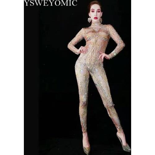 Dance Costume Multi-color Rhinestones Nude Spandex Jumpsuit Women Singer Bar Leggings Prom Stage Wear Dancer Birthday Outfit