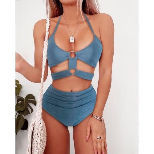 2020 Women Thread Bikinis Set Swimwear Summer High Waist Swimsuit Solid Beach Bodysuit Bandage Bathing Suit Biquini Female Wear