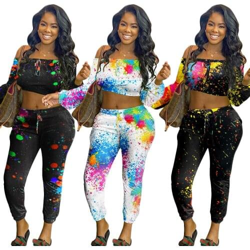 Womens casual two-piece spring and summer fashion all-match long-sleeved graffiti printed trousers sports suit